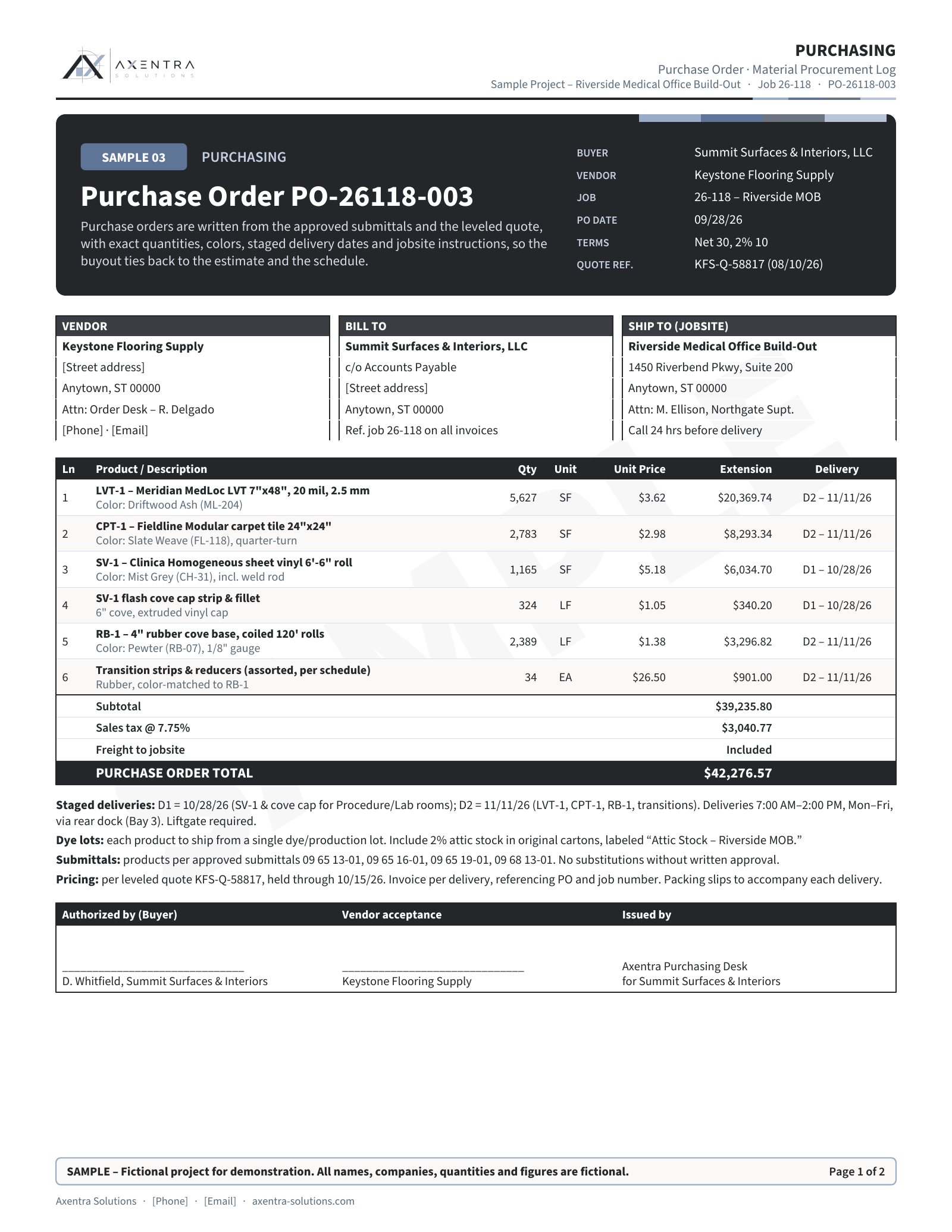 Sample purchasing: Purchase order & procurement log (fictional project)