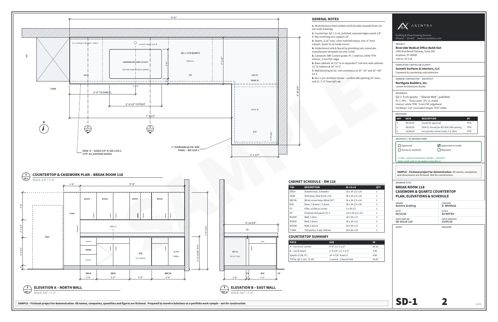 Sample shop drawings: Casework & quartz shop drawings (fictional project)