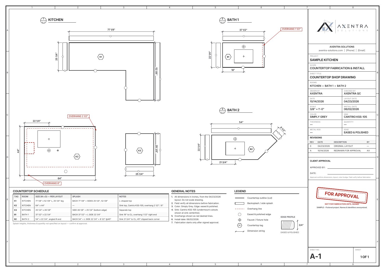 Sample shop drawings: Countertop shop drawing for approval (fictional project)