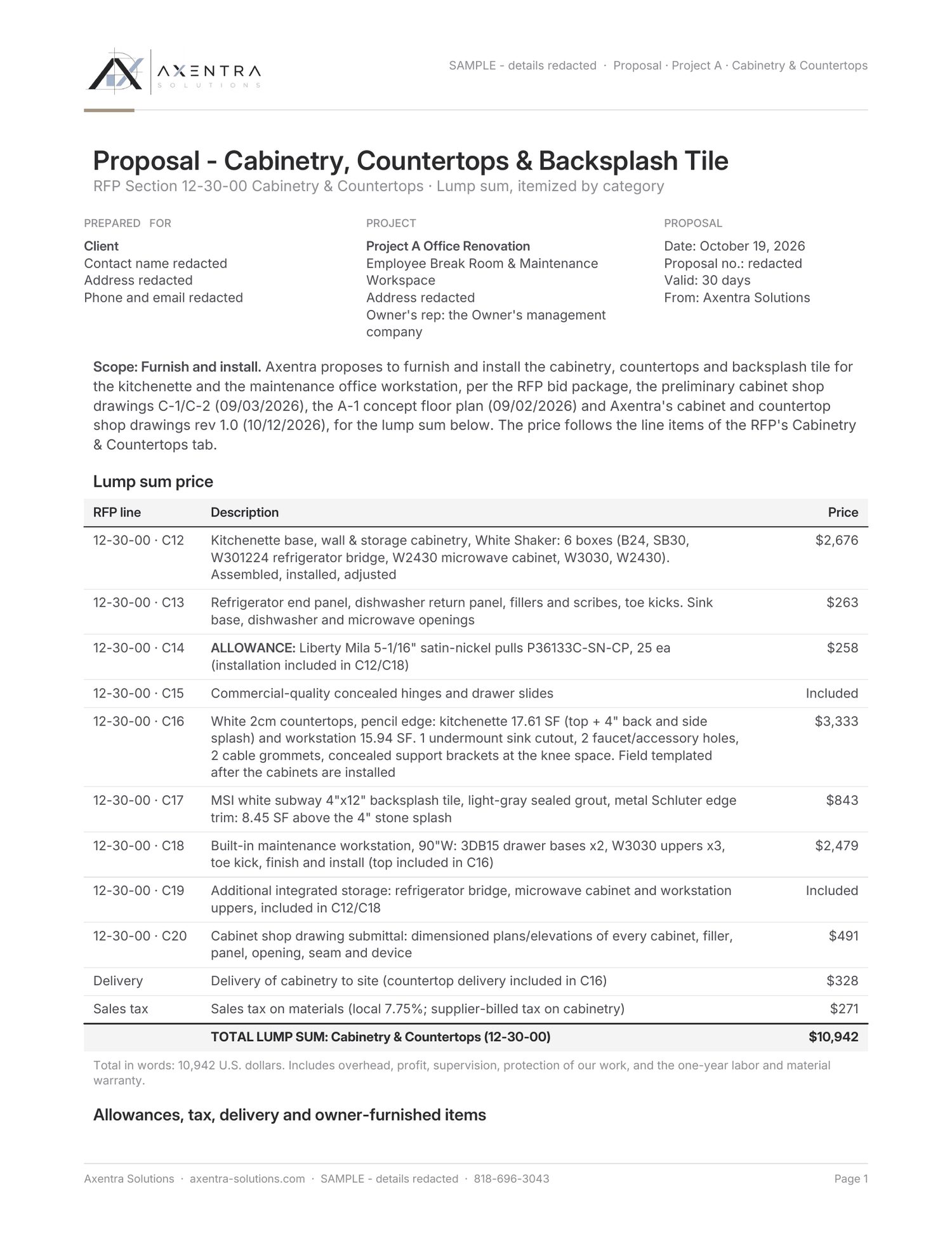 Sample estimating: Itemized bid proposal for cabinetry, countertops & tile (sample project, details redacted)