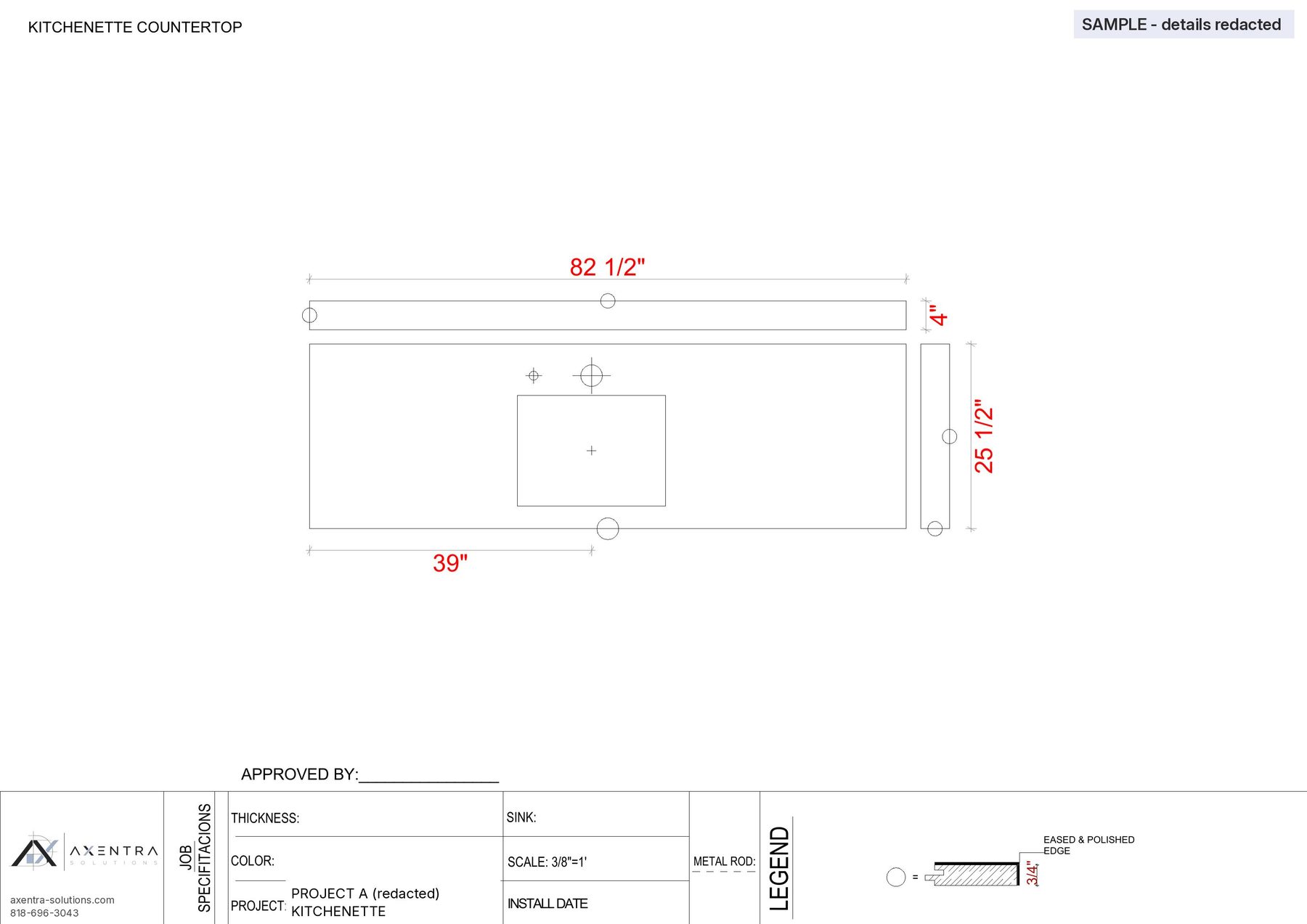 Sample shop drawings: Countertop shop drawing with seams & cutouts (sample project, details redacted)